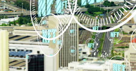 Image of digital interface over cityscape. global connections, data processing and digital interface...