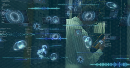 Image of network of connections over data processing and grid. Global connections business digital interface technology and networking concept digitally generated image.の写真素材