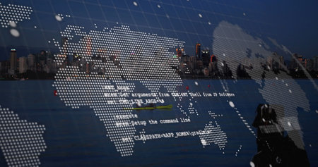 Image of connections moving over social network notifications female pylons. Global communication and data sharing concept digitally generated image.の写真素材