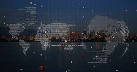 Image of data processing over cityscape. Global business and digital interface concept digitally generated image.の写真素材