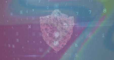 Image of scanning, virus warning over shield with padlock and pastel colorful background. Data processing, digital screen, network safety and technology concept digitally generated image.の写真素材