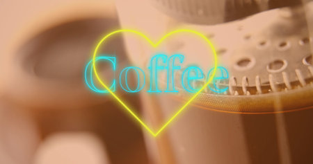 Image of heart and coffee text over cup of coffee. Relaxing, coffee and digital interface concept digitally generated image.の写真素材