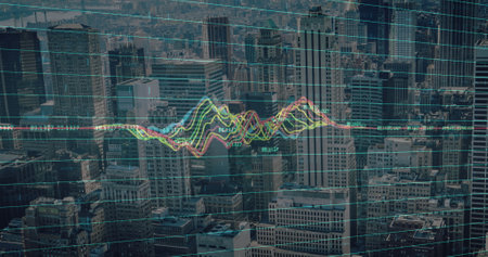 Image of financial data processing over digital screen and grid. Global business digital interface technology and networking concept digitally generated image.の写真素材