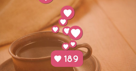 Image of hearts over cup of coffee. Relaxing, coffee and digital interface concept digitally...