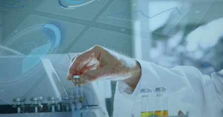 A scientist wearing lab coat holding a vial near test tubes in a laboratory. Digital graphics overlay scene, suggesting advanced researchの写真素材