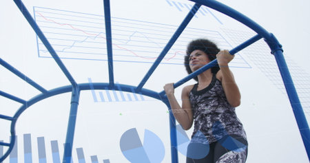 Image of data processing over african american woman exercising. Global sports, active lifestyle,...