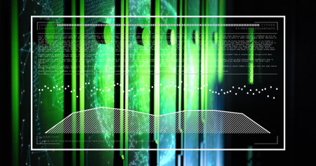 Image of data processing and digital interface over server room. Cloud computing concept digitally...