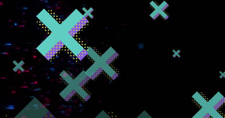 Image of cross icons over shapes. Social media and digital interface concept digitally generated image.の写真素材