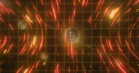 Image of spinning light trails over grid network against bitcoin symbols on red background. Cryptocurrency and business technology conceptの写真素材