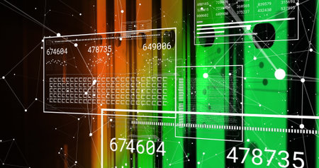 Image of data processing and network of connections over server room. Cloud computing concept...