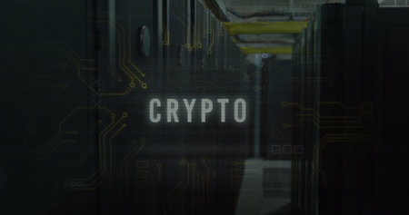 Image of crypto text over data processing and computer motherboard and servers. Global online...