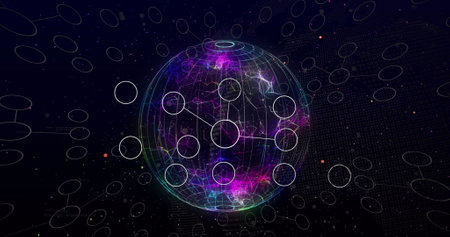 Image of connections and globe on black background. Global data processing, network, connections and technology concept digitally generated image.の写真素材