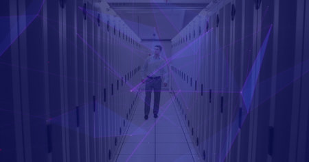 Image of moving shapes and caucasian male worker over server room. Global business and digital...
