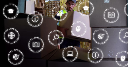 Image of network of digital icons over caucasian delivery man loading boxes. Global shipping, business, connections and data processing concept digitally generated image.の写真素材