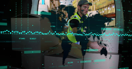 Image of financial data processing and world map over caucasian delivery man loading boxes. Global...