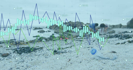 Image of data processing over african american couple cleaning beach. Global ecology and digital...
