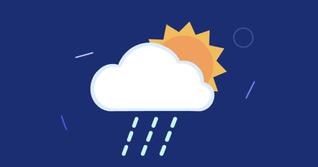 Image of cloud and sun icon over shapes on blue background. Global technology, computing and digital interface concept digitally generated image.の写真素材