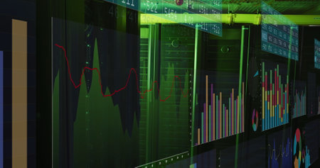 Image of screens with statistical data processing against computer server room. Computer interface...