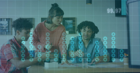 The scene is of a diverse group of businesspeople discussing work during a meeting at the office. The office is modern and the atmosphere is professional. The image is set to a financial graph image, which represents the concepts of math, statistics, finance, economy, and technology.の写真素材
