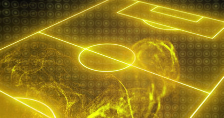 Image of yellow glowing digital wave over neon football pitch layout against black background. Sports technology conceptの写真素材