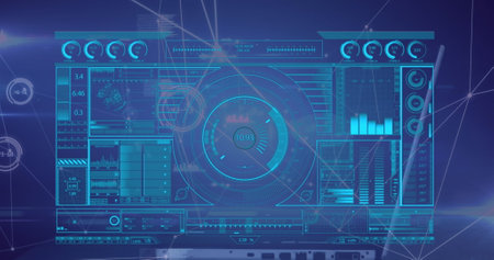 Image of profile icon in circles connected with lines over hud interface against blue background....