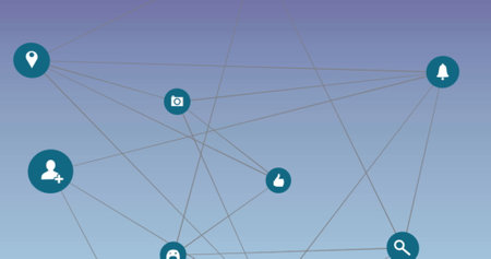 Image of network of connections with media icons over blue background. Social media and digital...
