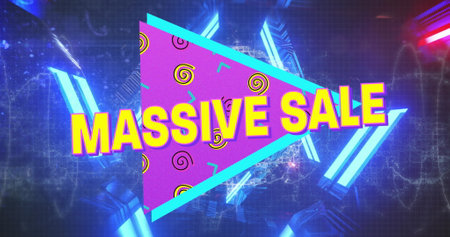 Image of massive text over triangle and spiral patterns against futuristic tunnel in background. Digitally generated, hologram, illuminated, illustration, discount, marketing, advertisement.の写真素材