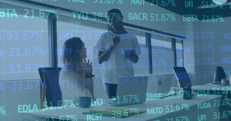 Image of data processing over diverse business people in office. Global business and digital...