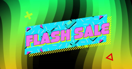 Image of flash sale text in rectangle over x symbol and triangle on abstract pattern. Digitally generated, hologram, illuminated, illustration, discount, marketing and advertisement concept.の写真素材