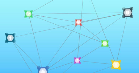 Image of network of connections over sky with clouds. Global social media connections and digital...