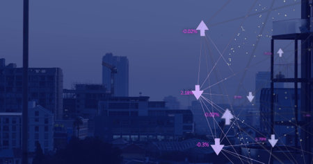 Image of globe of digital icons and dots pattern against aerial view of cityscape. Global networking...