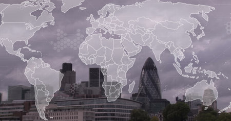 Image of world map and data processing over london cityscape. Global business, finances, computing and data processing concept digitally generated image.の写真素材