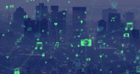 Image of network of digital icons and dots pattern against aerial view of cityscape. Global...
