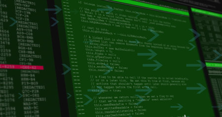 Image of multiple arrow icons moving side wards over data processing against black background....
