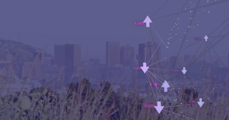 Image of globe of digital icons and dots pattern against view of cityscape. Global networking and business technology conceptの写真素材