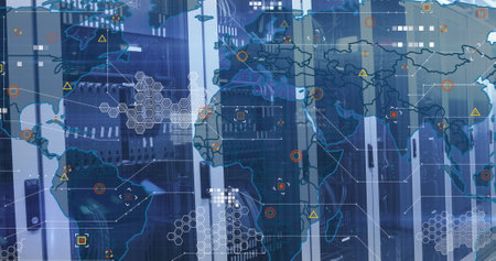 Image of world map with data processing over server room. Global business, finances, technology and...