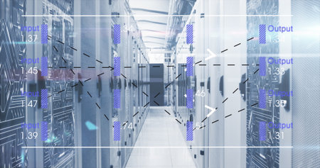 Image of financial data processing over server room. Global business, finances, technology and...