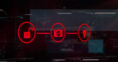 Image of media icons and data processing over network of connections. Global business and digital interface concept digitally generated image.の写真素材