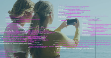 Image of data processing over caucasian couple using smartphone. Lifestyle, communication, computing and digital interface concept digitally generated image.の写真素材