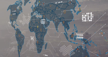 Image of world map and data processing against aerial view of cityscape. Global networking and business technology conceptの写真素材