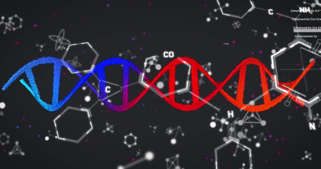Image of dna, molecular and chemical structures against black background. Medical research and...