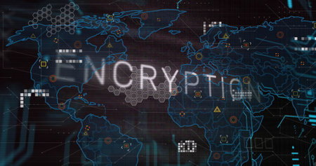 Image of text and data processing over circuit board on dark background. Global business, digital...
