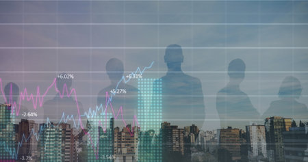 Image of financial graphs and people silhouettes over cityscape. global business, economy and...