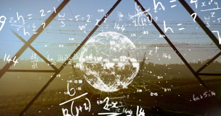 Image of mathematical equation over numbers around globe against abstract background. Digital composite, multiple exposure, business, solution, education and globalization concept.の写真素材