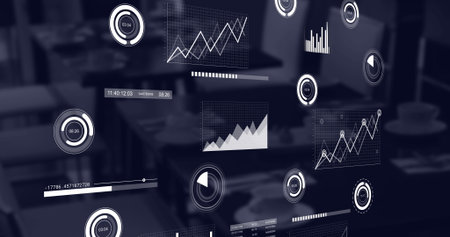 Image of statistical data processing against empty office. Computer interface and business data...