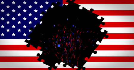 Image of fireworks and puzzle piece over flag of usa. patriotism and celebration concept digitally generated image.の写真素材
