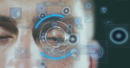 Image of digital icons and scope scanning over caucasian man. global business, connections and technology concept digitally generated image.の写真素材