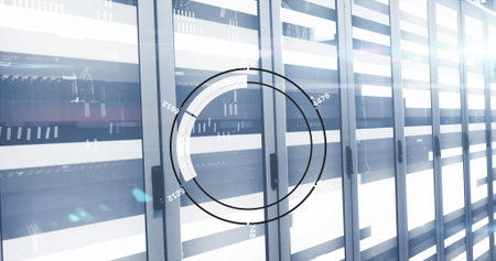 Image of round scanner and light trails against computer server room. Business data storage...