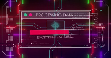 Image of text and data processing over screen and circuit board. Global connections, computing and...