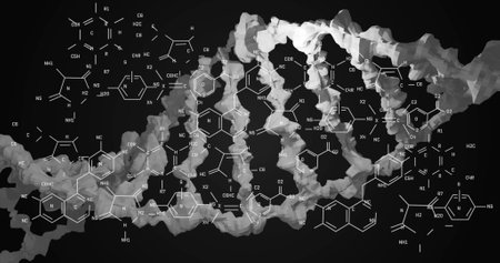 Image of chemical structures over dna strand spinning on black background. Global science, medicine and data processing concept digitally generated image.の写真素材